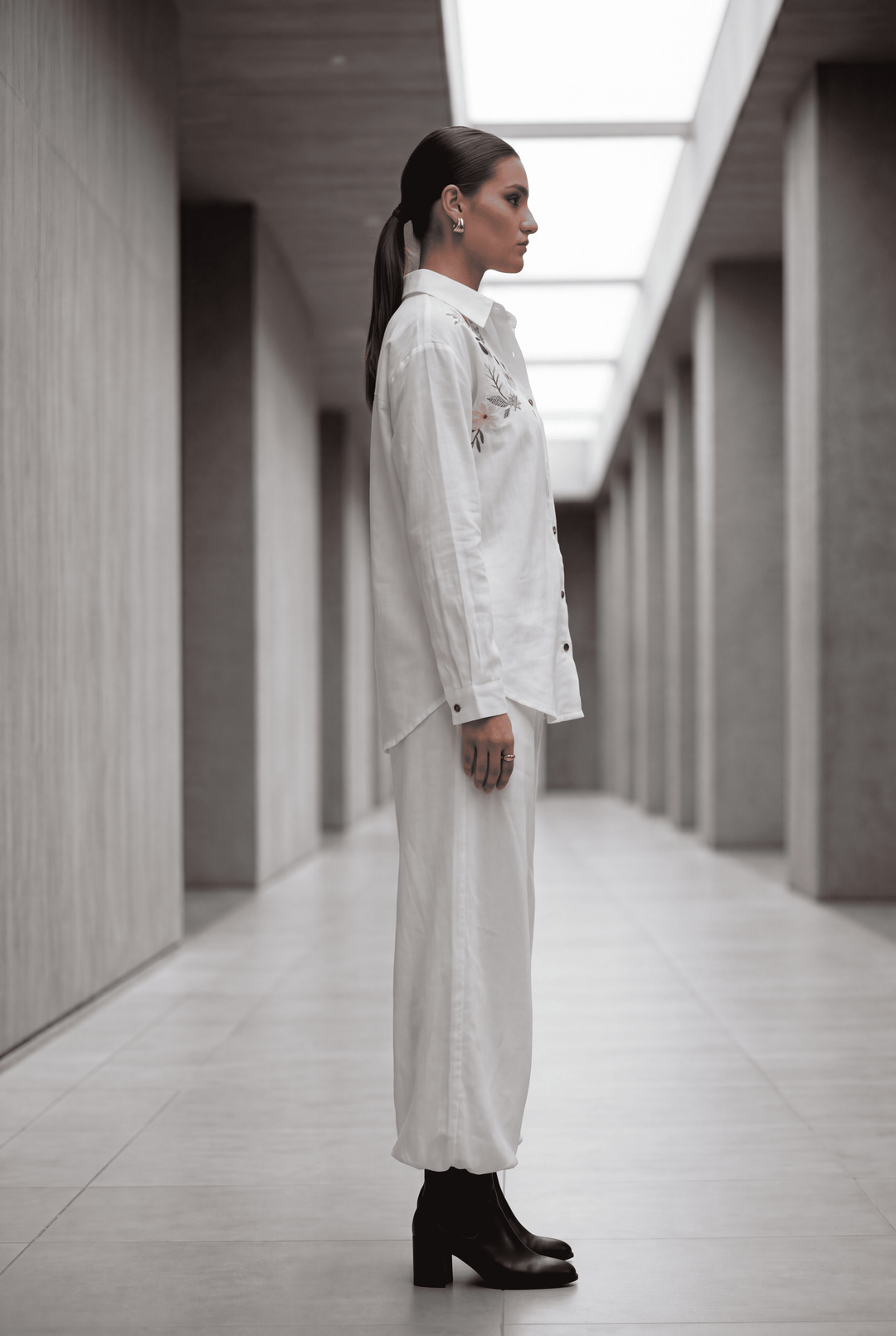 White Embroidered Denim Shirt & Wide-Leg Pant Co-Ord Set