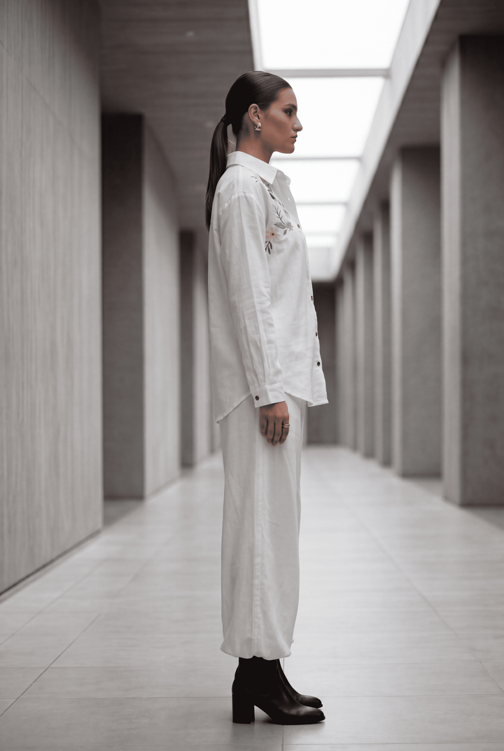White Embroidered Denim Shirt & Wide-Leg Pant Co-Ord Set