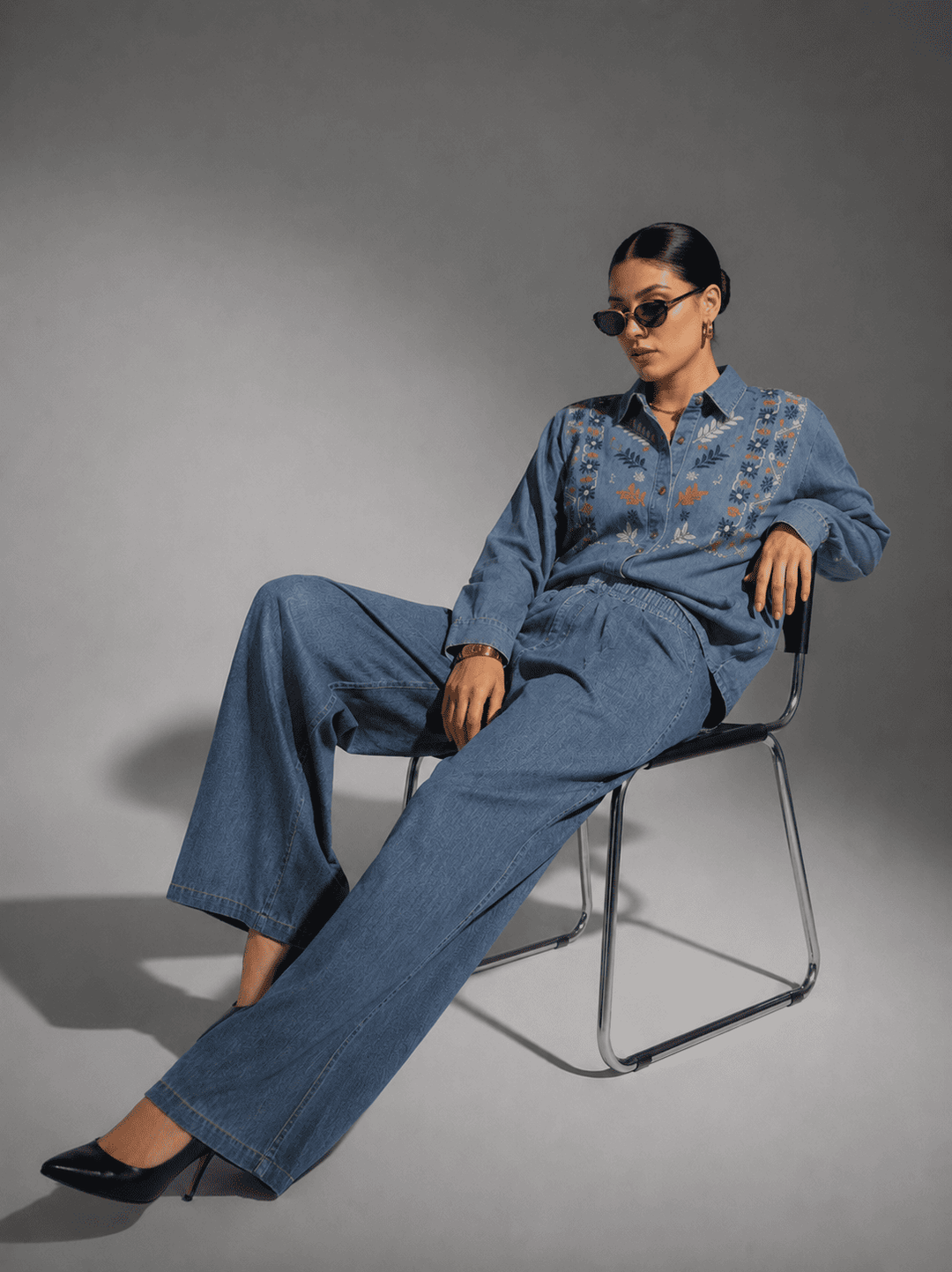 Dark Blue Embroidered Denim Co-Ord Set