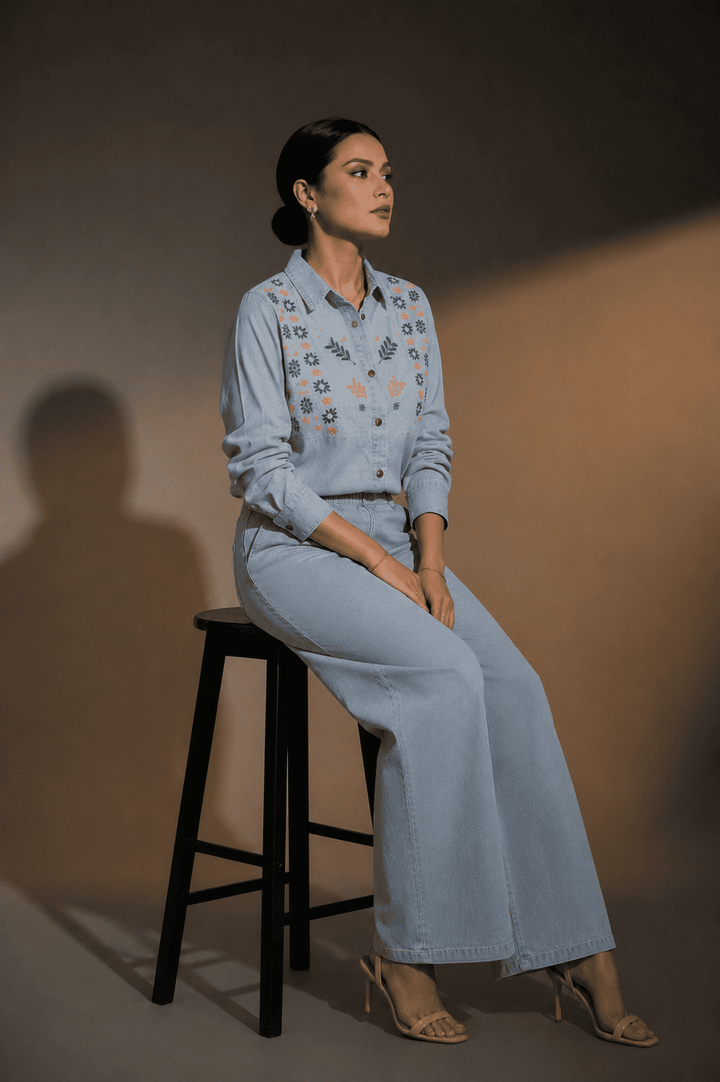 Light Blue Embroidered Denim Shirt & Wide-Leg Pant Co-Ord Set