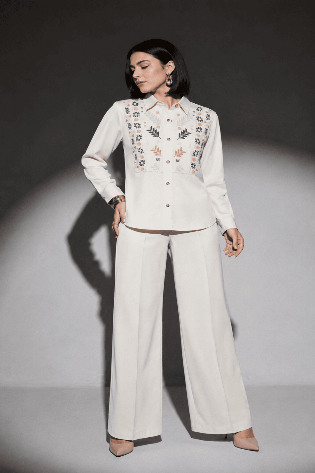 White Embroidered Denim Shirt and Wide-Leg Pant Co-Ord Set