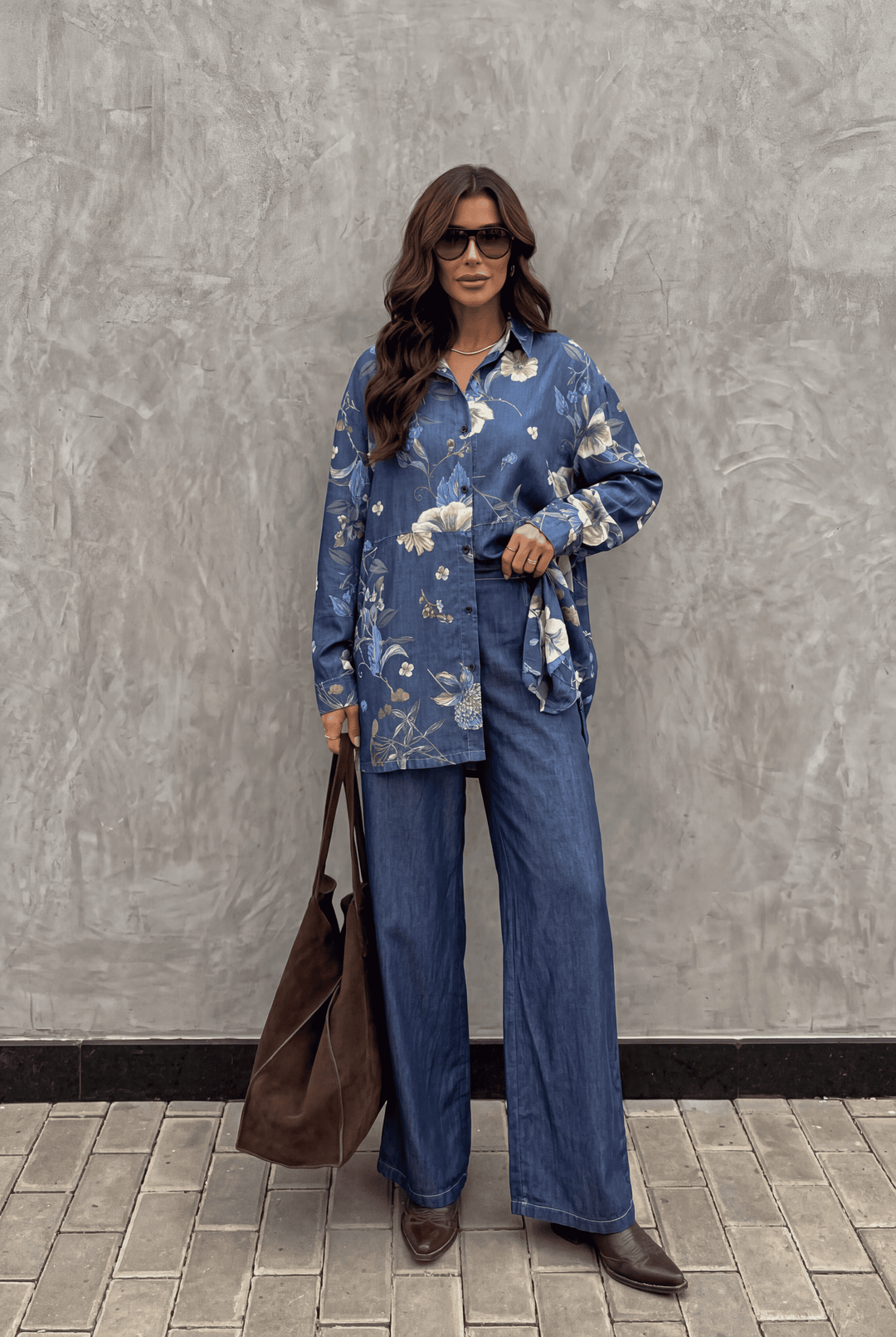 Dark Blue Printed Denim Shirt & Wide-Leg Pant Co-Ord Set