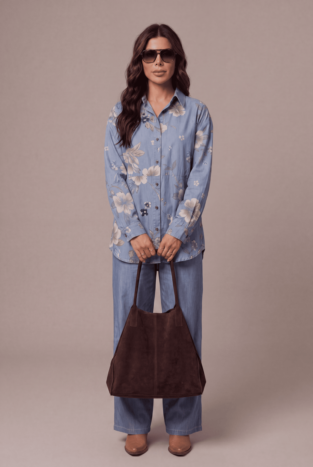 Light Blue Floral Printed Denim Shirt & Straight-Fit Pant Co-Ord Set