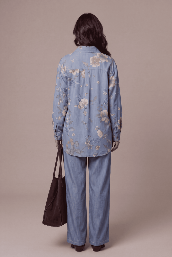 Light Blue Floral Printed Denim Shirt & Straight-Fit Pant Co-Ord Set