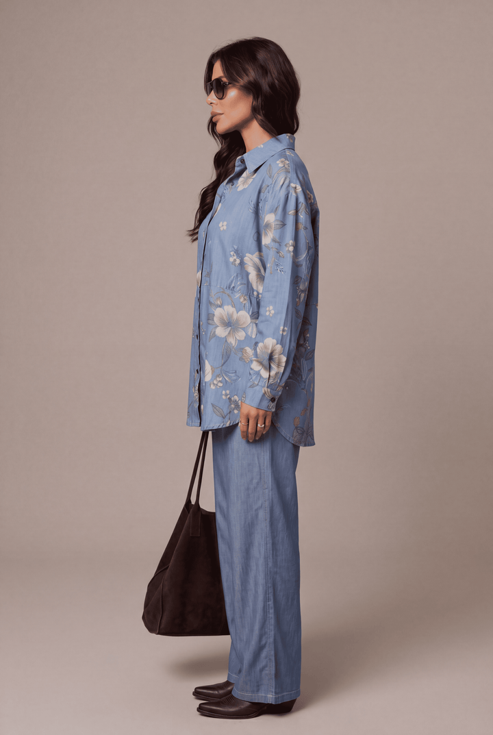 Light Blue Floral Printed Denim Shirt & Straight-Fit Pant Co-Ord Set