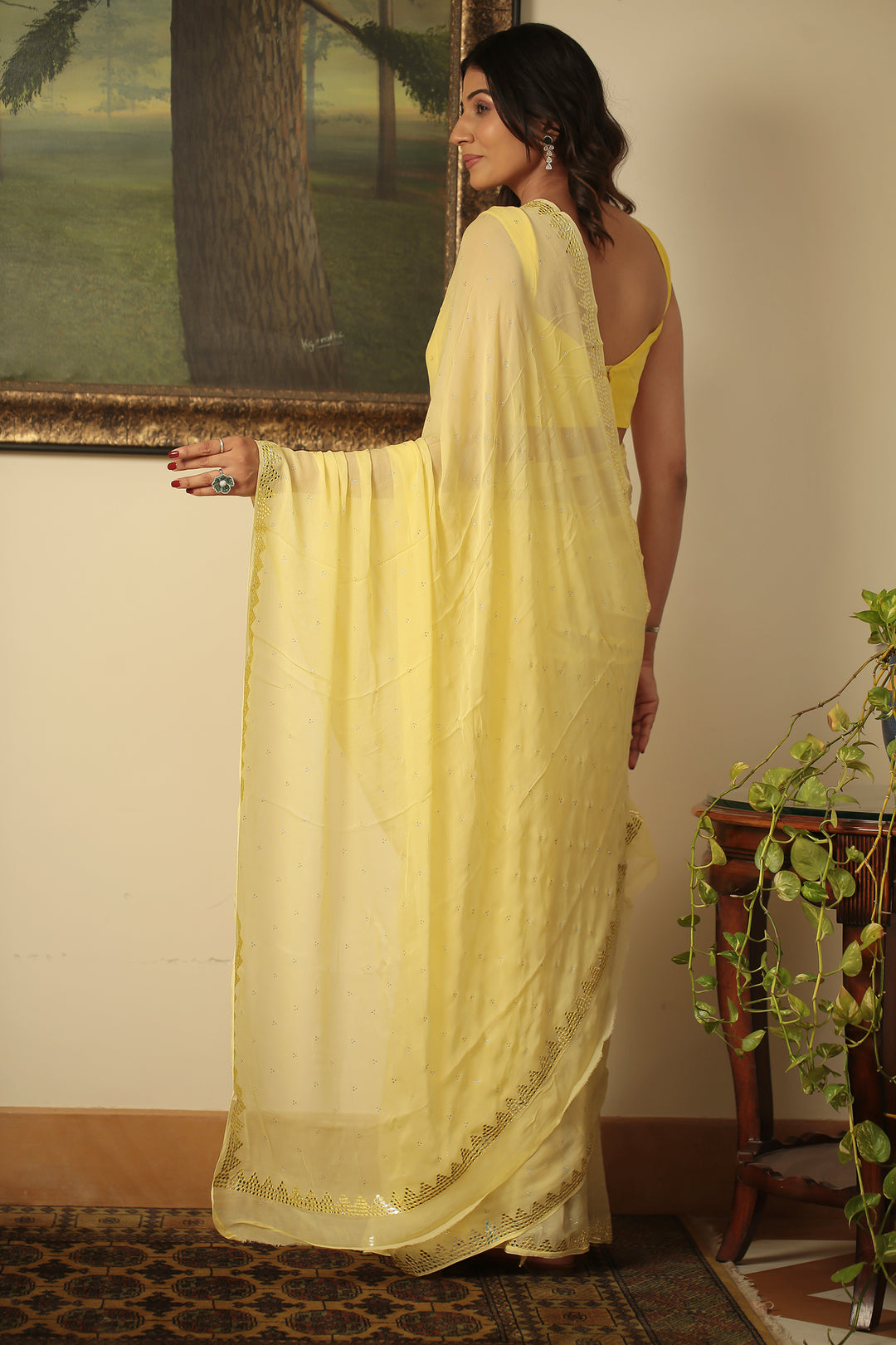 chiffon Saree with Mirror, Swarovski, Thread work.