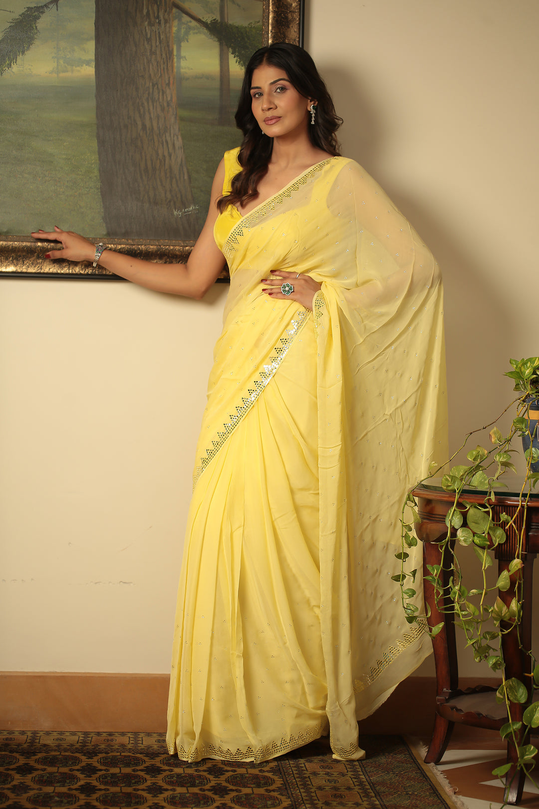 chiffon Saree with Mirror, Swarovski, Thread work.