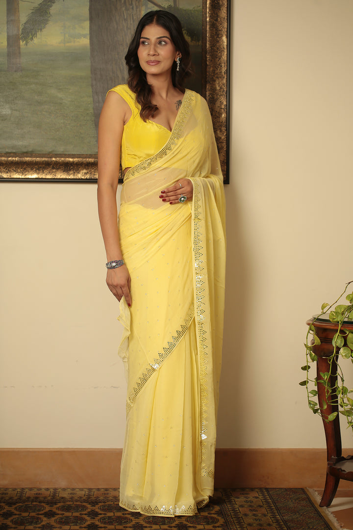 chiffon Saree with Mirror, Swarovski, Thread work.