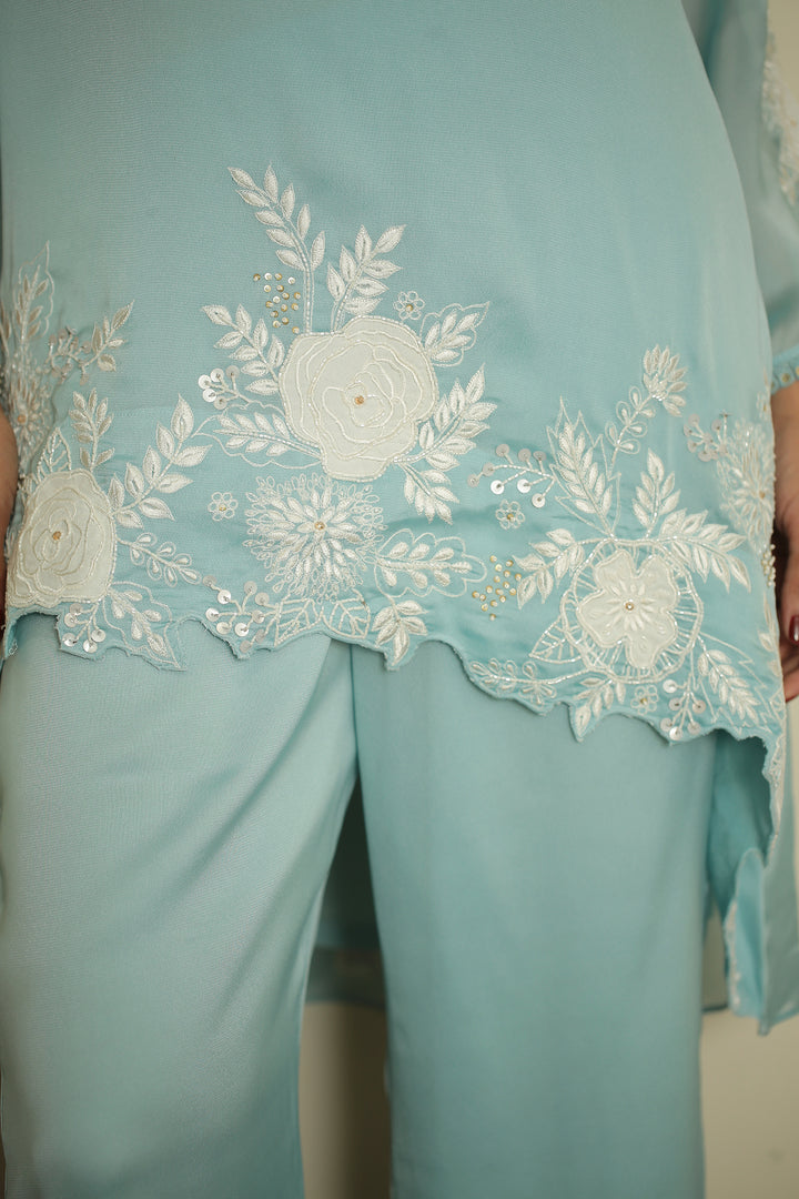 organza Suit with Cutdana, Pearl, Thread work.