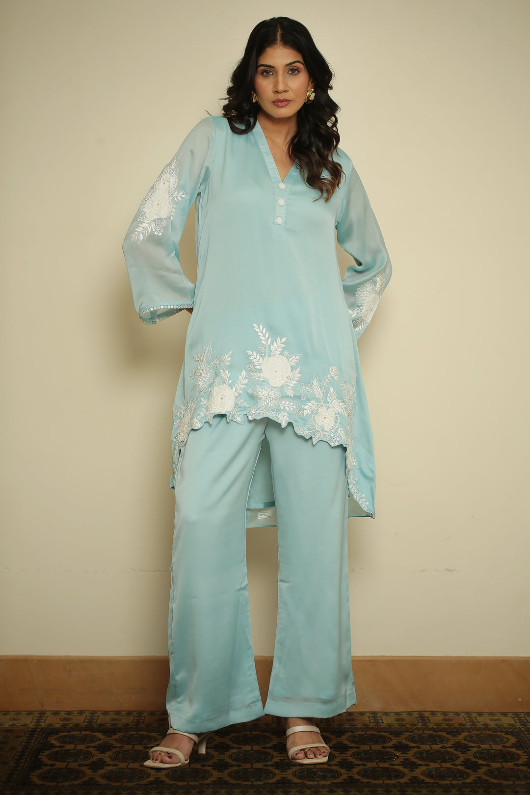 organza Suit with Cutdana, Pearl, Thread work.