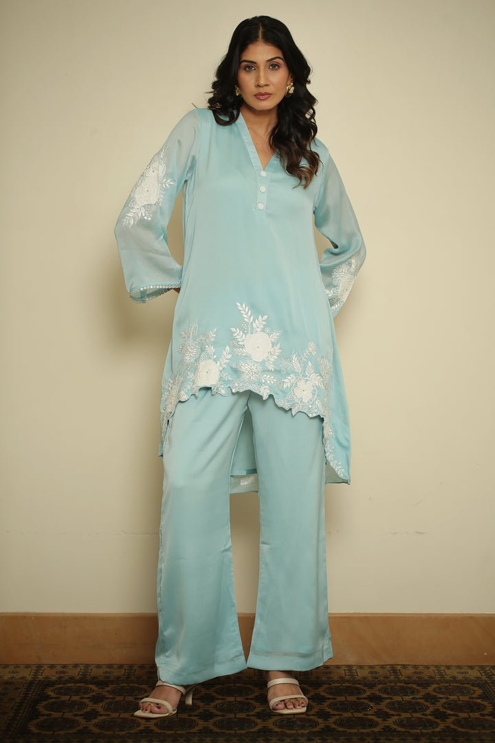 organza Suit with Cutdana, Pearl, Thread work.