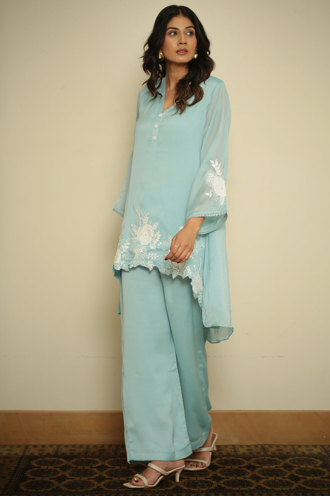 organza Suit with Cutdana, Pearl, Thread work.