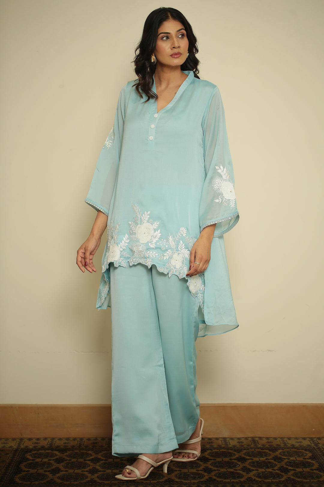 organza Suit with Cutdana, Pearl, Thread work.