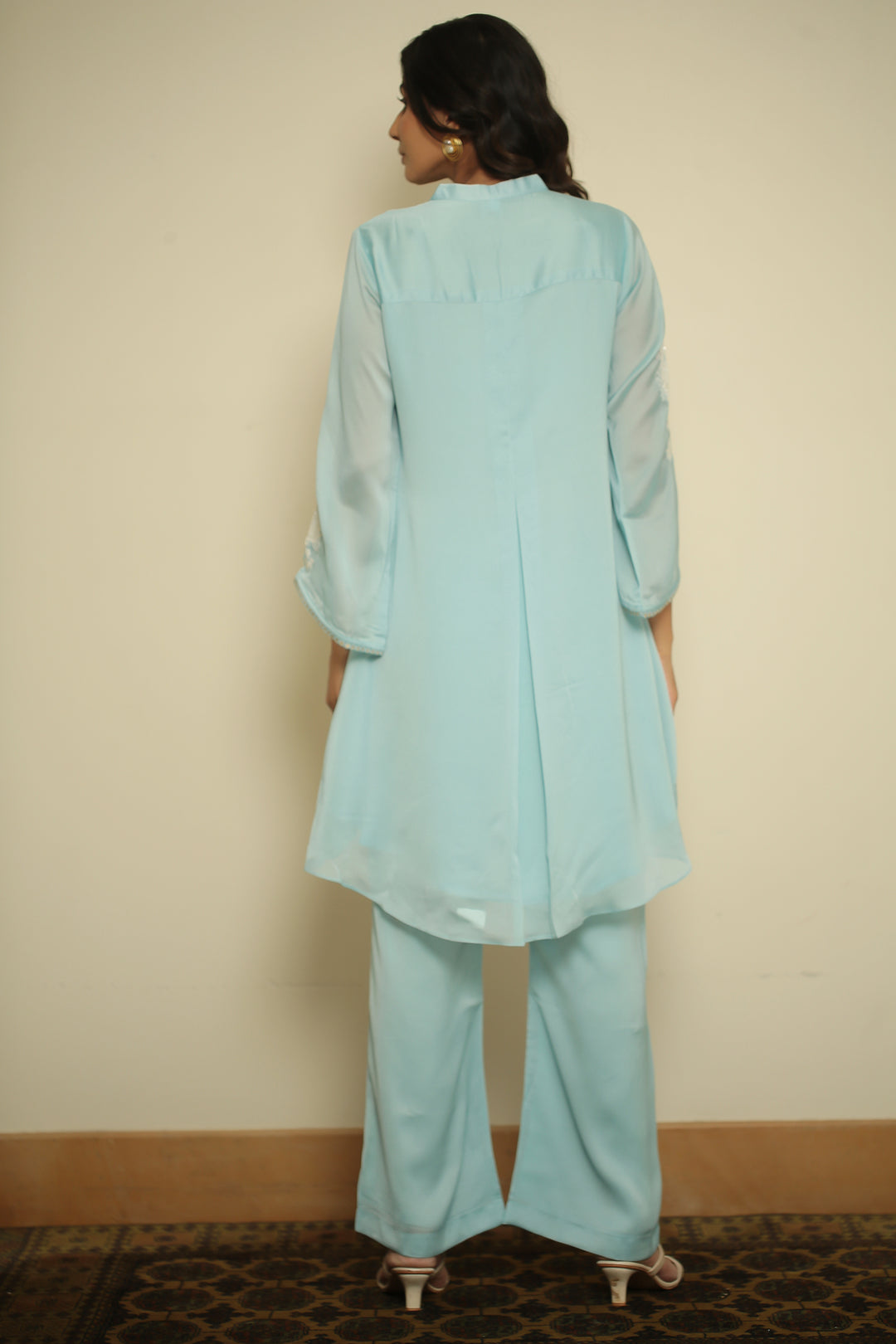 organza Suit with Cutdana, Pearl, Thread work.