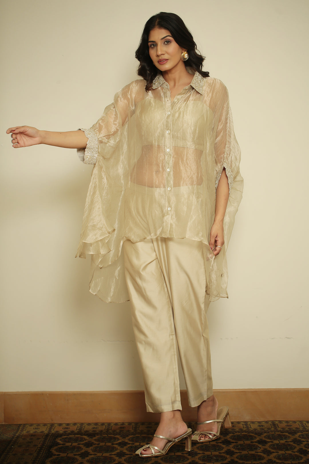 tissue Indowestern with Pearl, Sequins, Thread work.