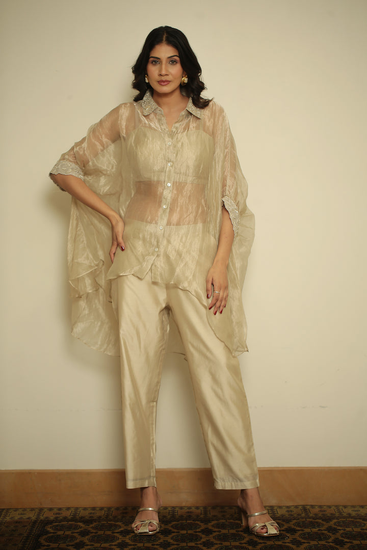 tissue Indowestern with Pearl, Sequins, Thread work.