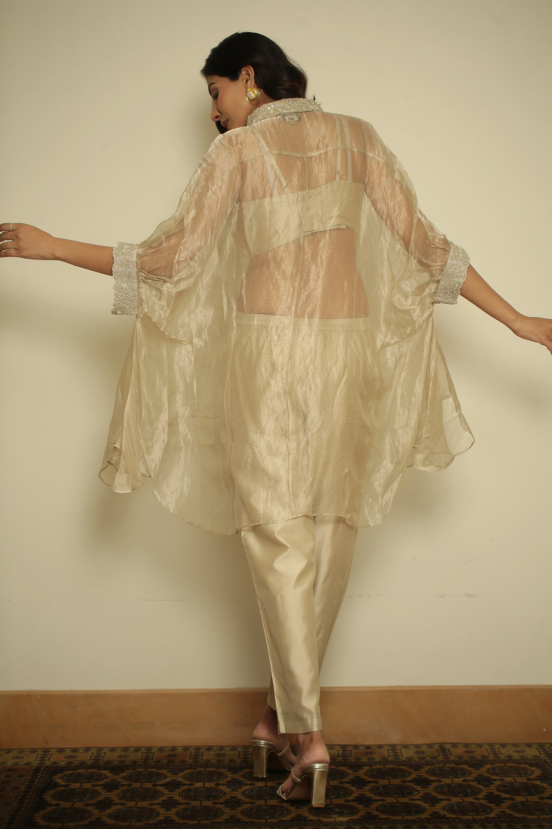 tissue Indowestern with Pearl, Sequins, Thread work.