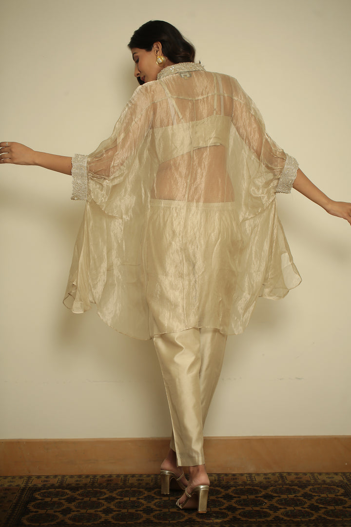 tissue Indowestern with Pearl, Sequins, Thread work.