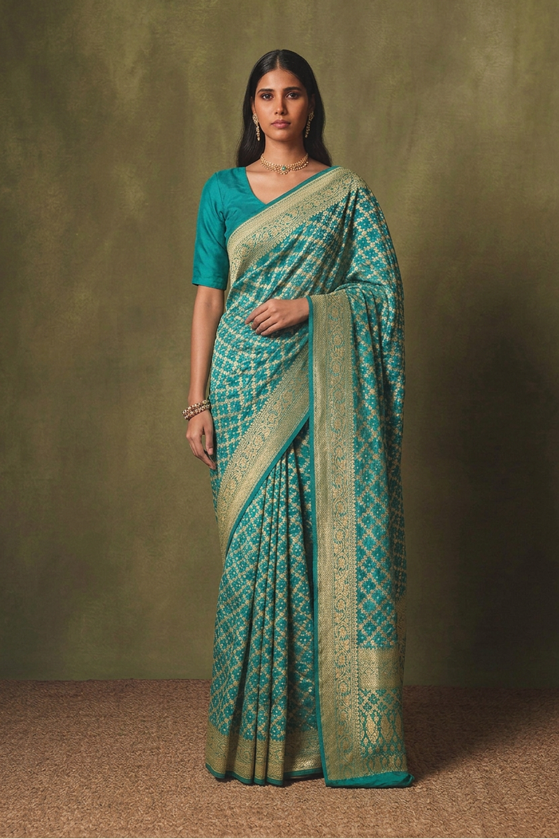 Turquoise Khaddi Georgette Bandhej Saree