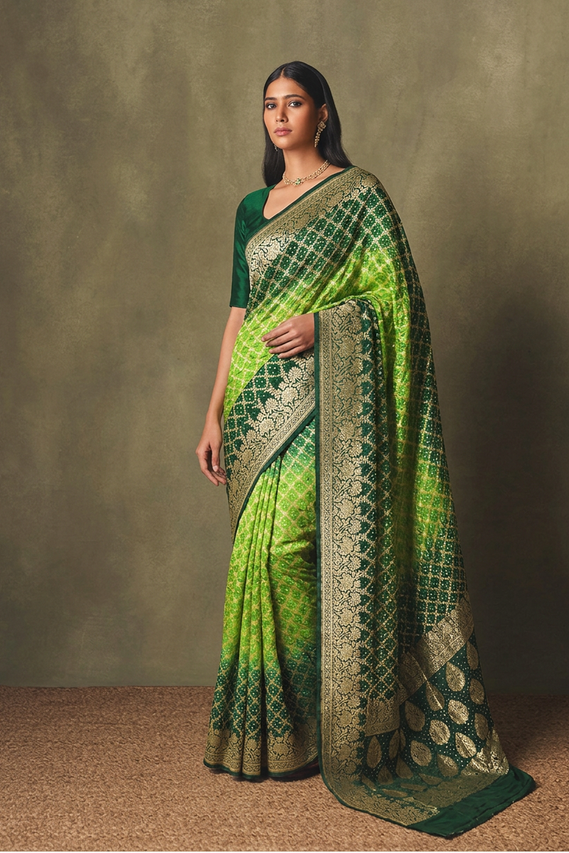 Emerald Green Khaddi Georgette Bandhej Saree