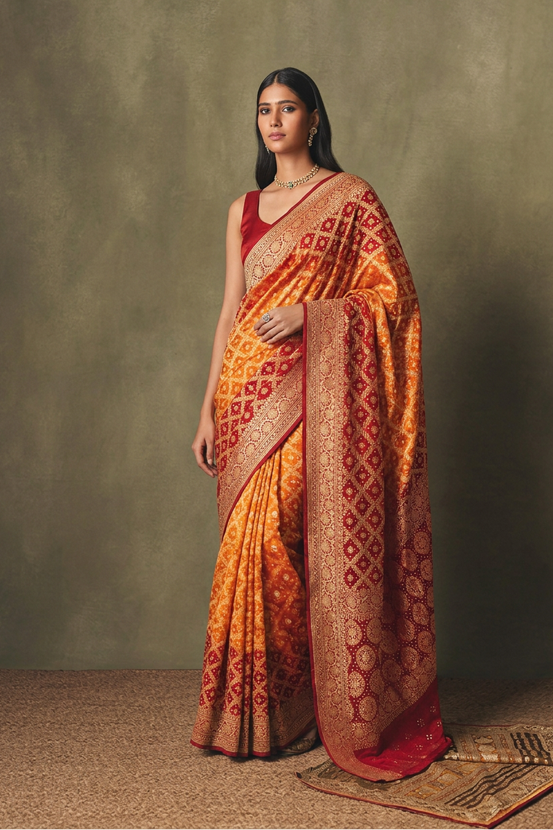 Sunset Orange & Maroon Khaddi Georgette Bandhej Saree