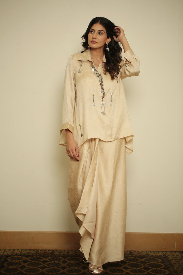 wrinkle crepe Indowestern with Metal Coin Embellishment Bead and Chain Embellishment Mirror Coin Hanging Work Metallic Charm Work Hand Embellished Coin and Crystal Detailing work.