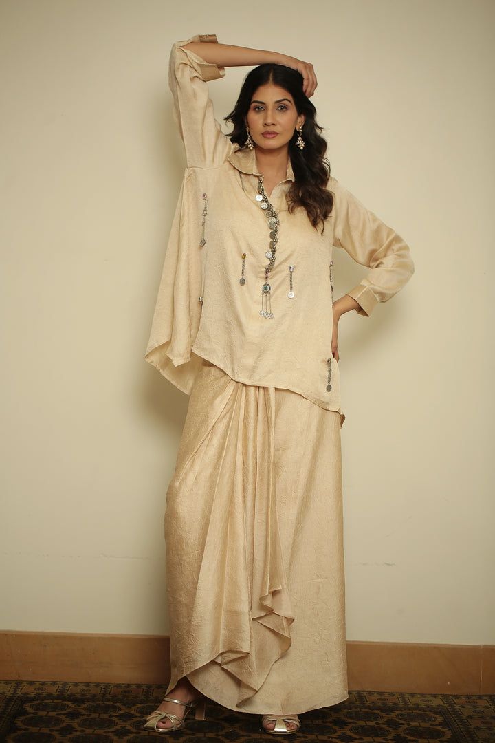 wrinkle crepe Indowestern with Metal Coin Embellishment Bead and Chain Embellishment Mirror Coin Hanging Work Metallic Charm Work Hand Embellished Coin and Crystal Detailing work.