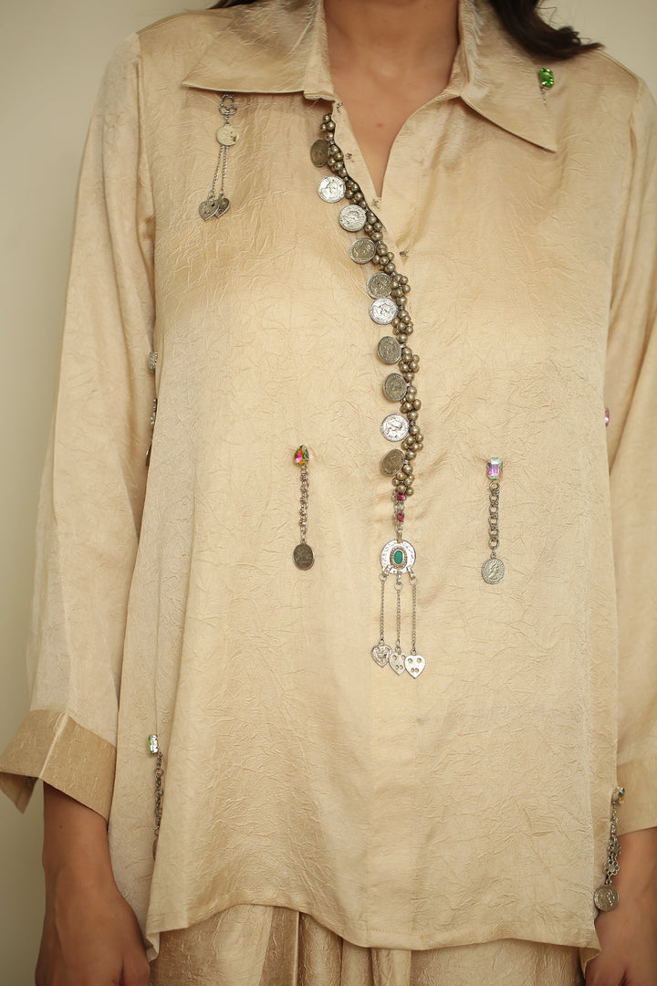 wrinkle crepe Indowestern with Metal Coin Embellishment Bead and Chain Embellishment Mirror Coin Hanging Work Metallic Charm Work Hand Embellished Coin and Crystal Detailing work.
