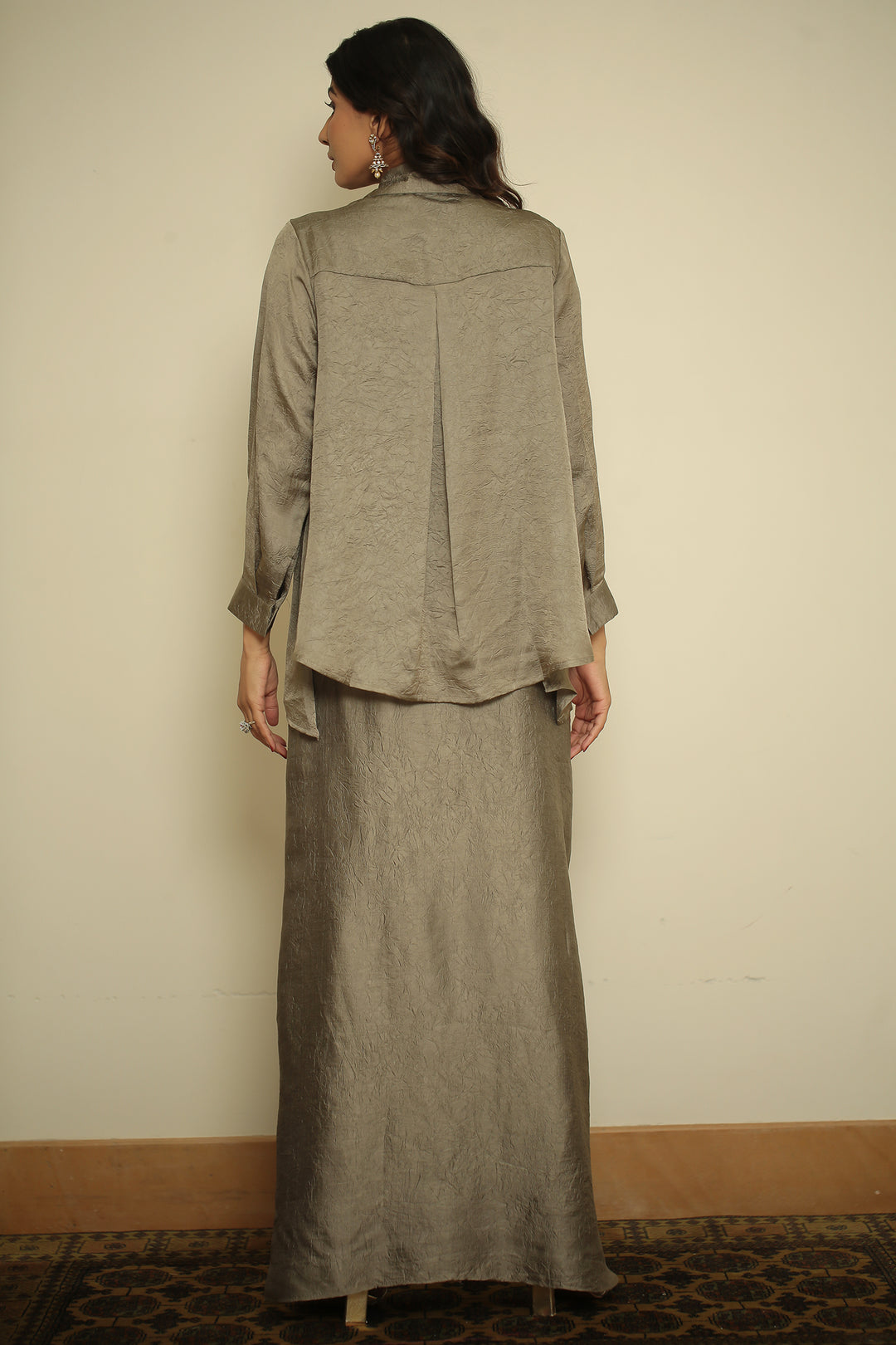 wrinkle crepe Indowestern with Metal Coin Embellishment Bead Chain Embellishment Mirror Coin Hanging Work Metallic Charm Work Hand Embellished Coin & Crystal Detailing work.