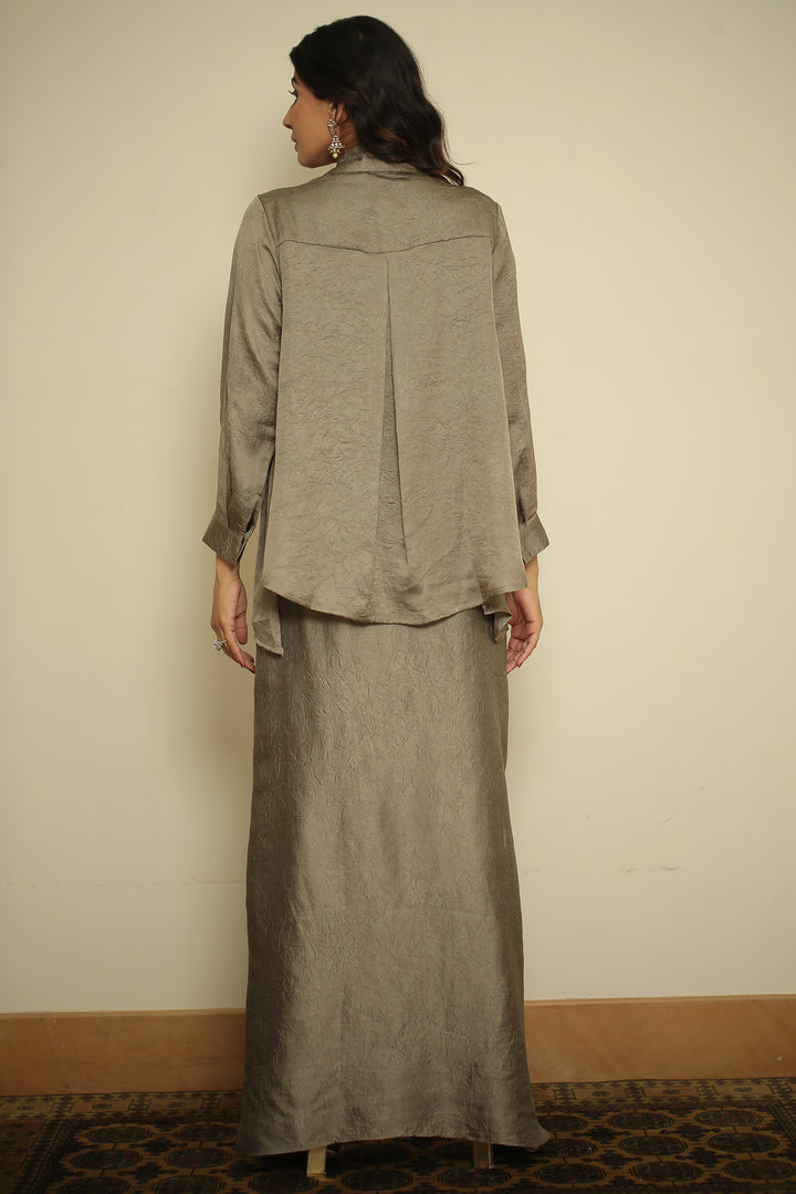 wrinkle crepe Indowestern with Metal Coin Embellishment Bead Chain Embellishment Mirror Coin Hanging Work Metallic Charm Work Hand Embellished Coin & Crystal Detailing work.