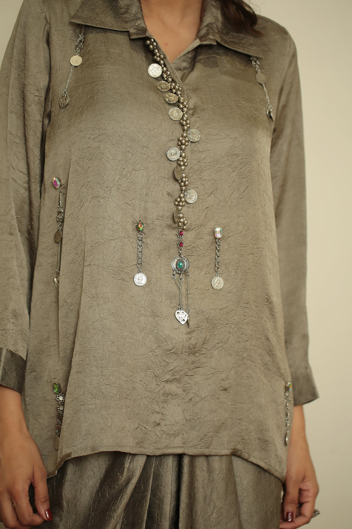 wrinkle crepe Indowestern with Metal Coin Embellishment Bead Chain Embellishment Mirror Coin Hanging Work Metallic Charm Work Hand Embellished Coin & Crystal Detailing work.