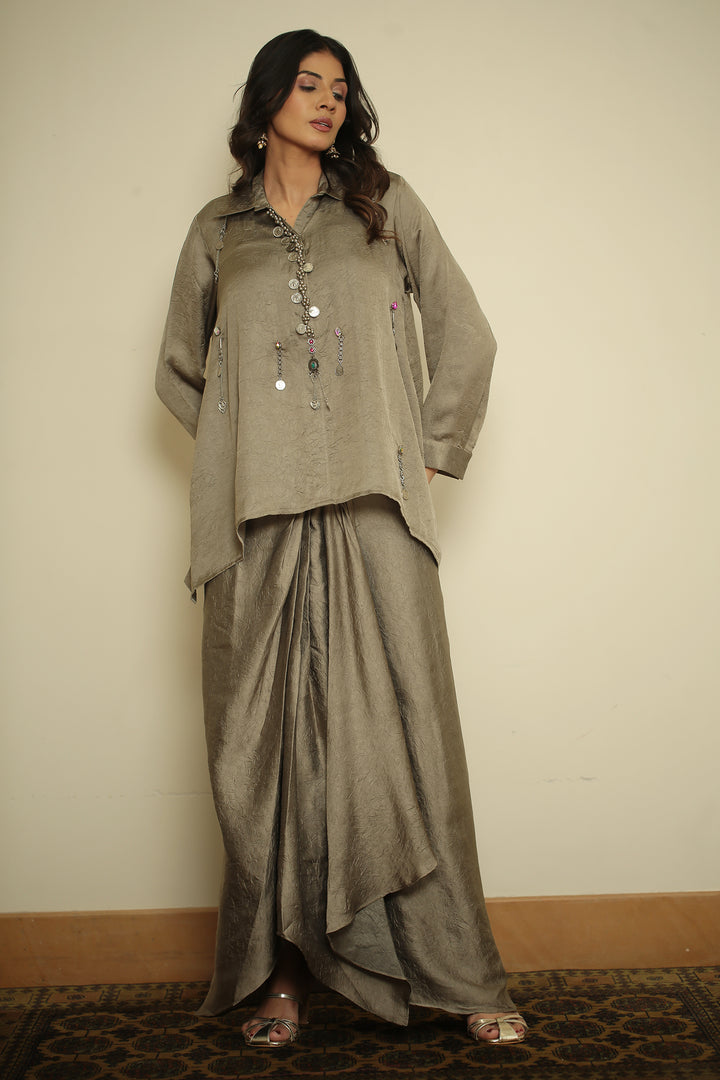 wrinkle crepe Indowestern with Metal Coin Embellishment Bead Chain Embellishment Mirror Coin Hanging Work Metallic Charm Work Hand Embellished Coin & Crystal Detailing work.