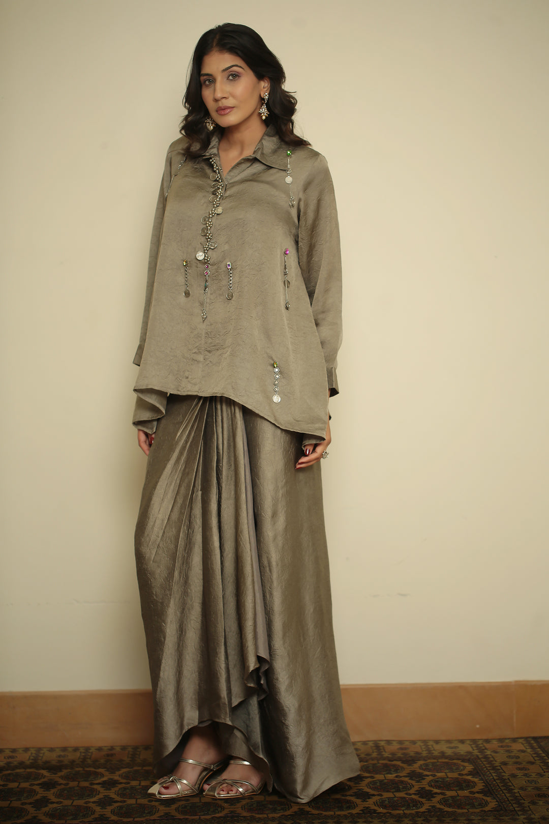 wrinkle crepe Indowestern with Metal Coin Embellishment Bead Chain Embellishment Mirror Coin Hanging Work Metallic Charm Work Hand Embellished Coin & Crystal Detailing work.