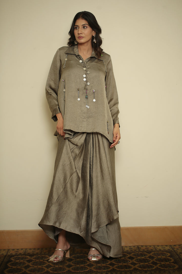 wrinkle crepe Indowestern with Metal Coin Embellishment Bead Chain Embellishment Mirror Coin Hanging Work Metallic Charm Work Hand Embellished Coin & Crystal Detailing work.