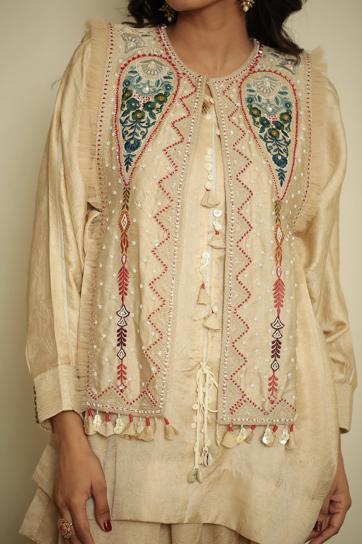 wrinkle crepe Indowestern with Aari, Mirror, Pearl, Sequins, Thread work.