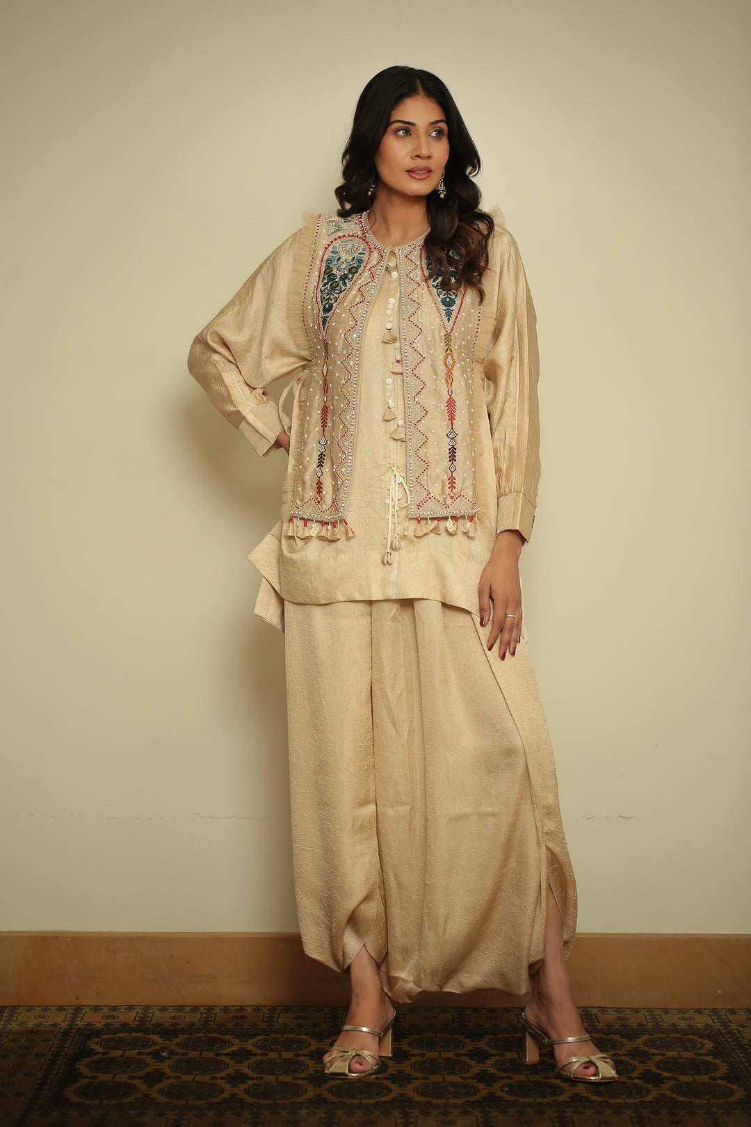 wrinkle crepe Indowestern with Aari, Mirror, Pearl, Sequins, Thread work.