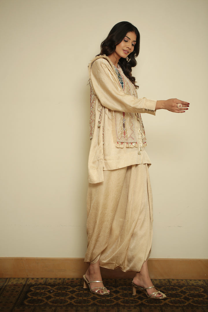 wrinkle crepe Indowestern with Aari, Mirror, Pearl, Sequins, Thread work.