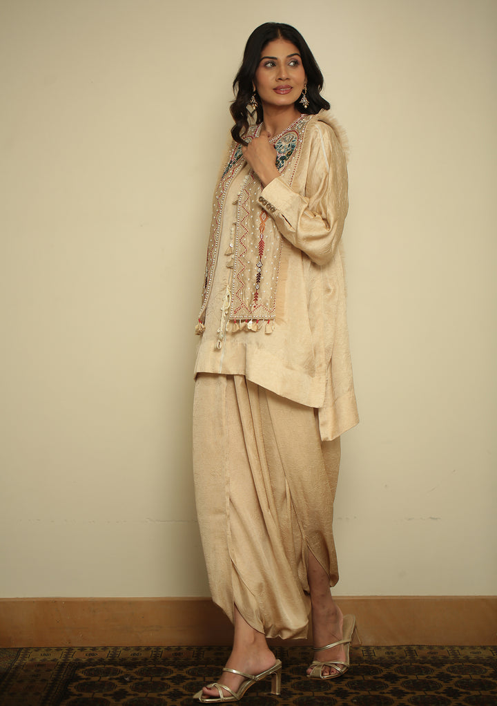 wrinkle crepe Indowestern with Aari, Mirror, Pearl, Sequins, Thread work.