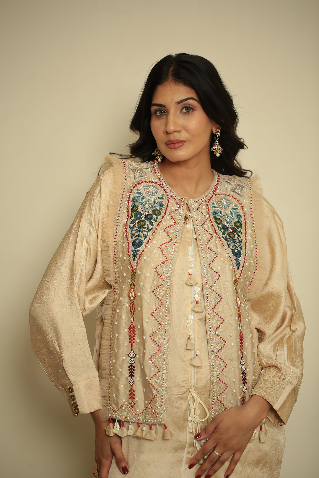 wrinkle crepe Indowestern with Aari, Mirror, Pearl, Sequins, Thread work.