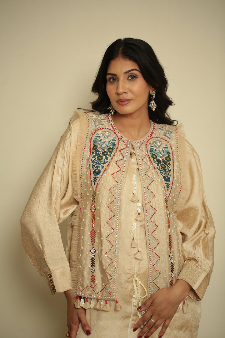 wrinkle crepe Indowestern with Aari, Mirror, Pearl, Sequins, Thread work.
