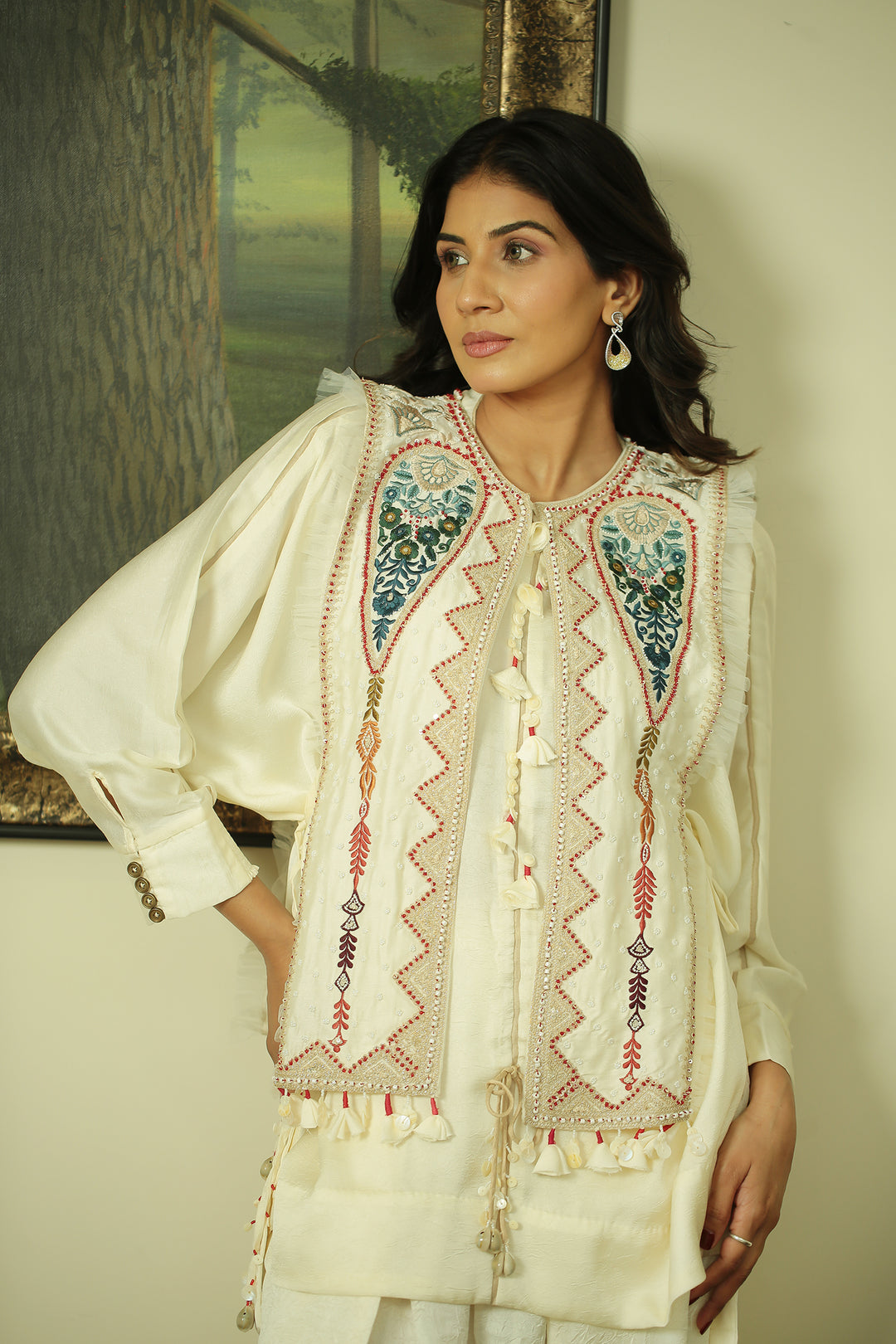 wrinkle crepe Indowestern with Aari, Mirror, Pearl, Sequins, Thread, Zari work.