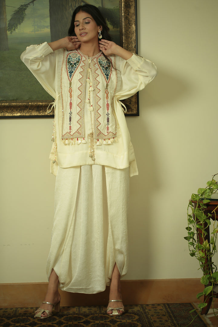 wrinkle crepe Indowestern with Aari, Mirror, Pearl, Sequins, Thread, Zari work.