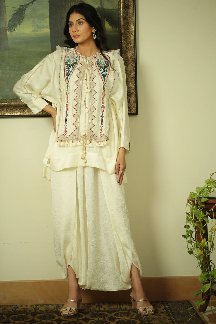 wrinkle crepe Indowestern with Aari, Mirror, Pearl, Sequins, Thread, Zari work.
