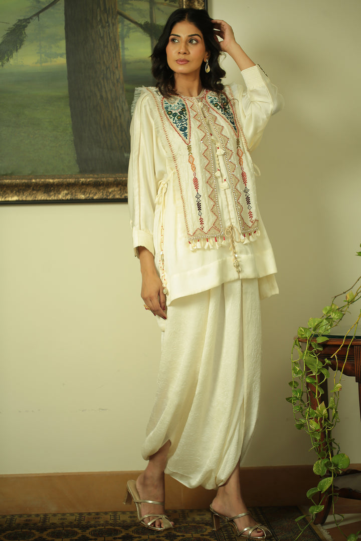wrinkle crepe Indowestern with Aari, Mirror, Pearl, Sequins, Thread, Zari work.