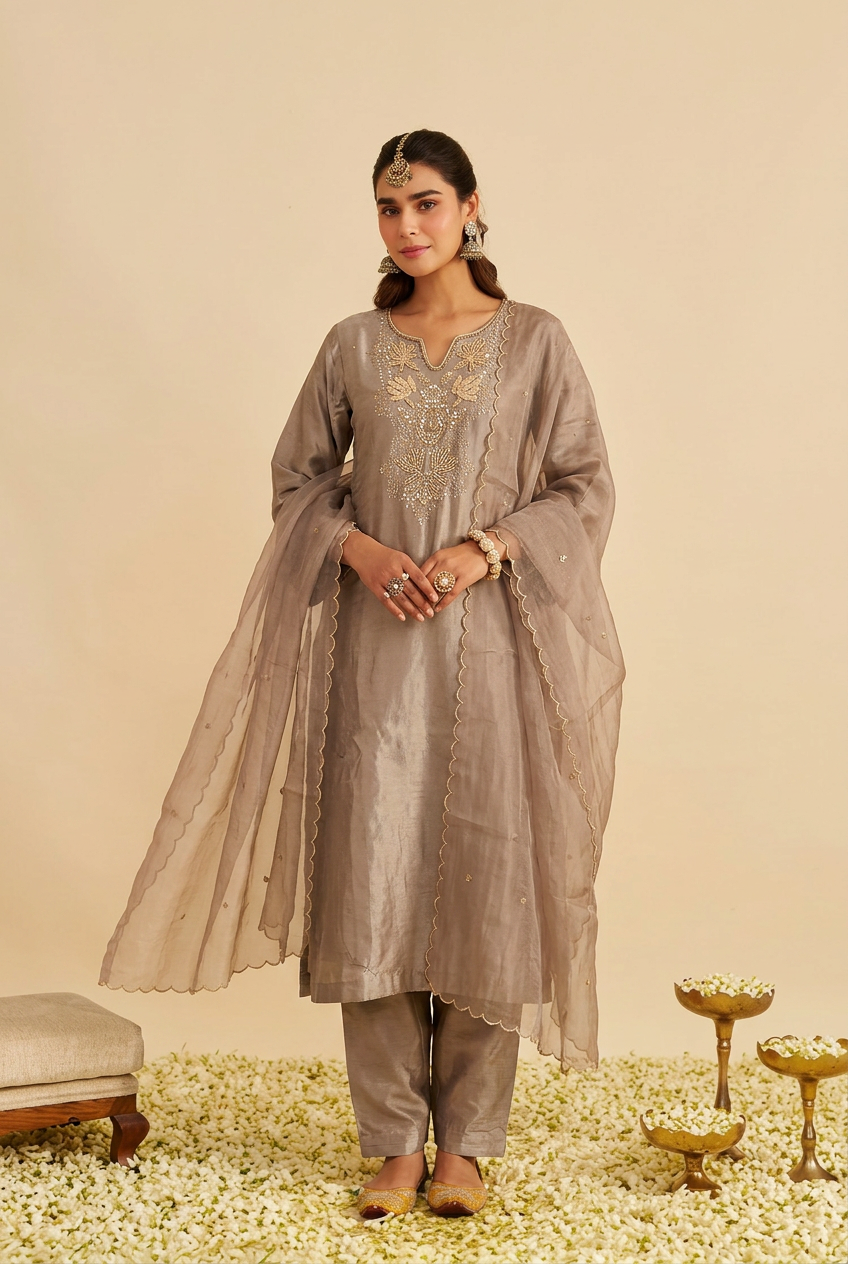 silk Suit  with Cutdana, Sequins, Stone, Zari work.