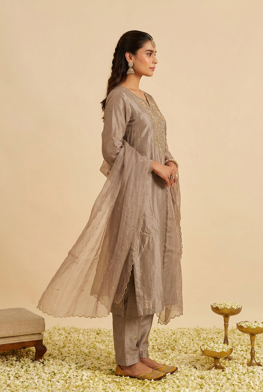 silk Suit  with Cutdana, Sequins, Stone, Zari work.