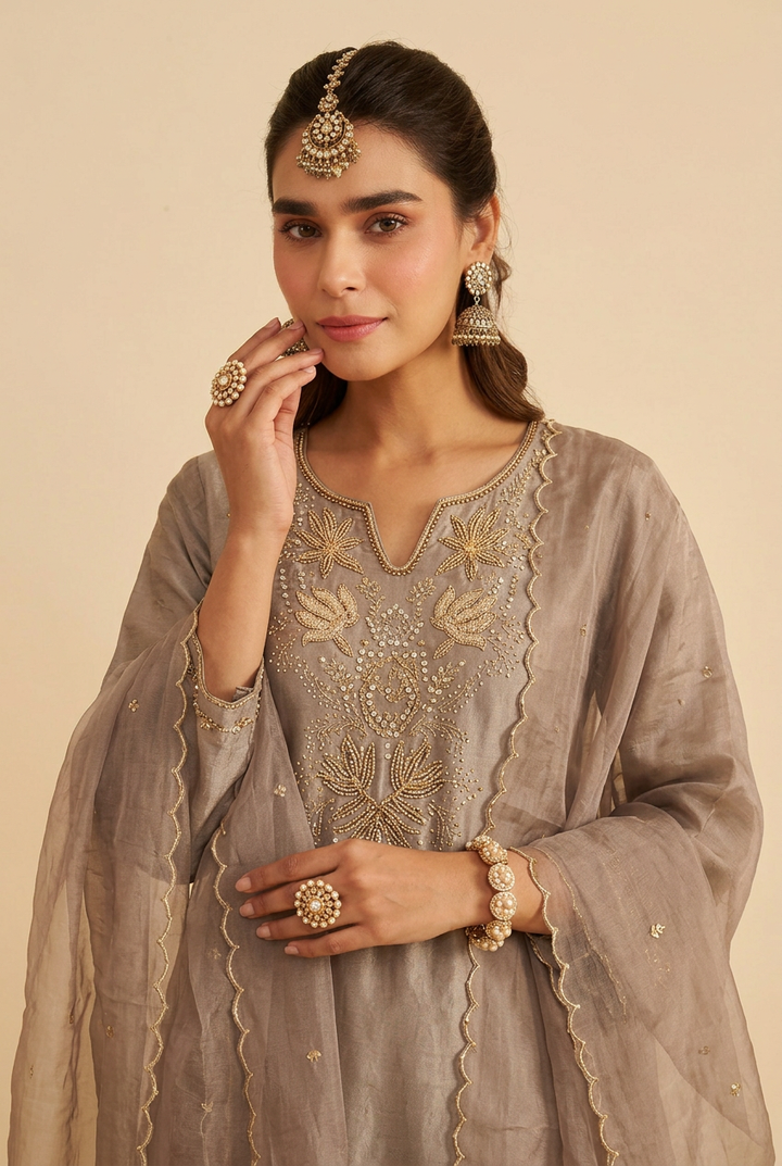 silk Suit  with Cutdana, Sequins, Stone, Zari work.