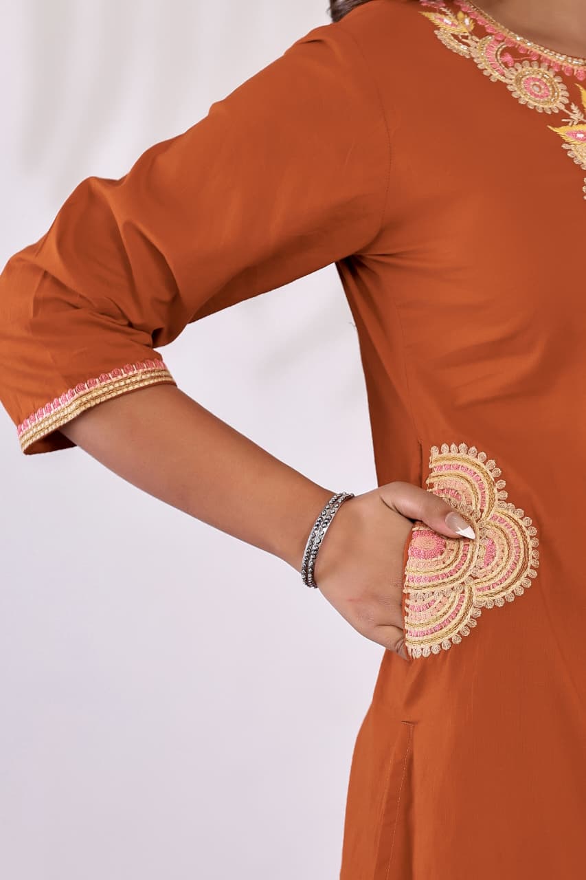 Cotton  Kurta  with Cutdana, Mirror, Thread work.