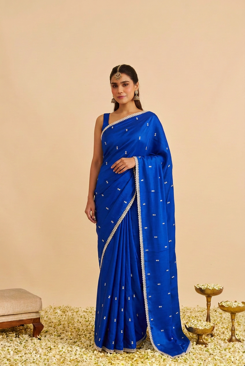 Satin silk Saree with Stone, Thread work.