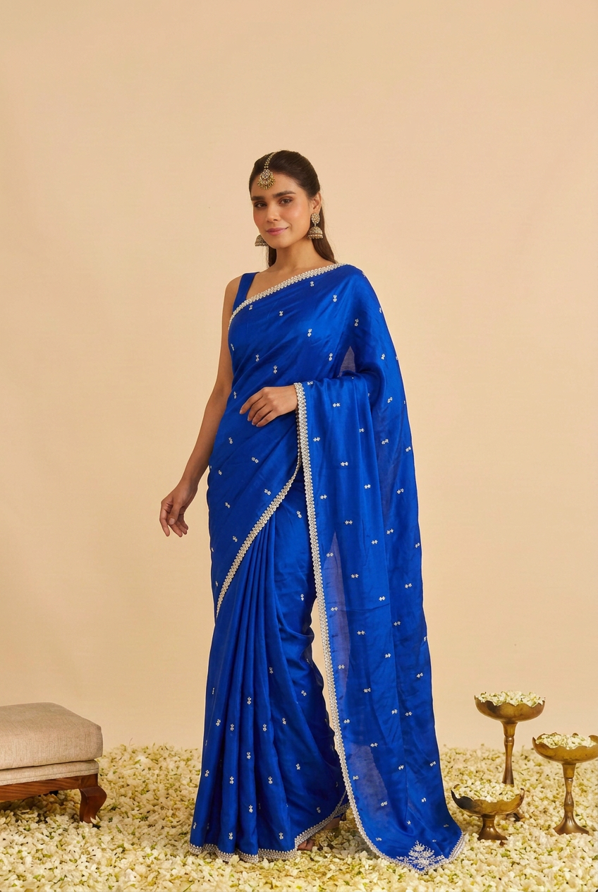 Satin silk Saree with Stone, Thread work.